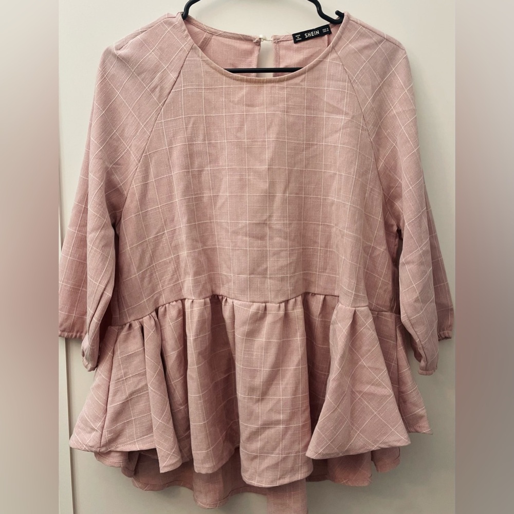 SHEIN Blush Plaid Peplum Blouse
